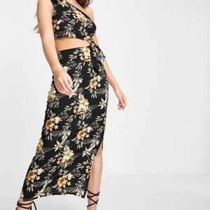 ASOS DESIGN One Shoulder Cut-Out Waist Black Floral Viscose Long Dress Size 12